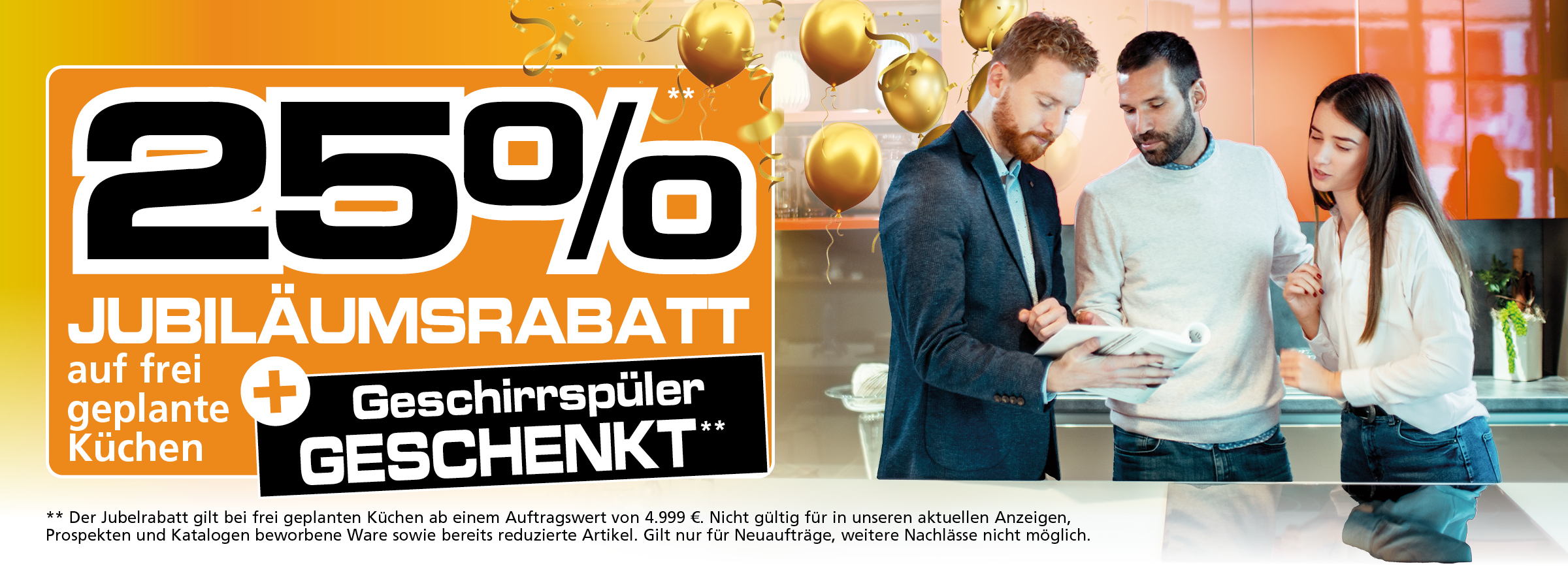 Zur Terminvereinbarung Küchenplanung mit 25% Jubiläumsrabatt.“